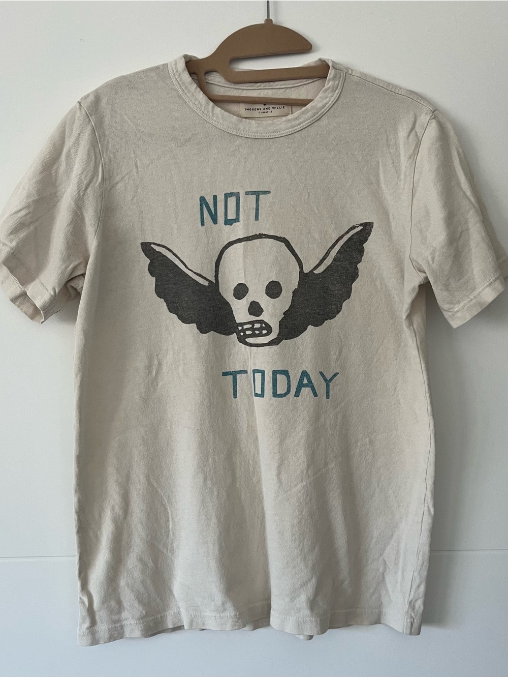imogene + willie Cream Graphic Tee with Black Skull and Teal Text